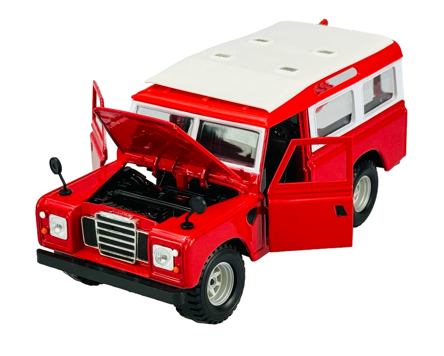 Czerwony model samochodu terenowego z otwartą maską i drzwiami, posiada białe elementy na dachu. Model jest szczegółowy, z widocznymi reflektorami i kołami.