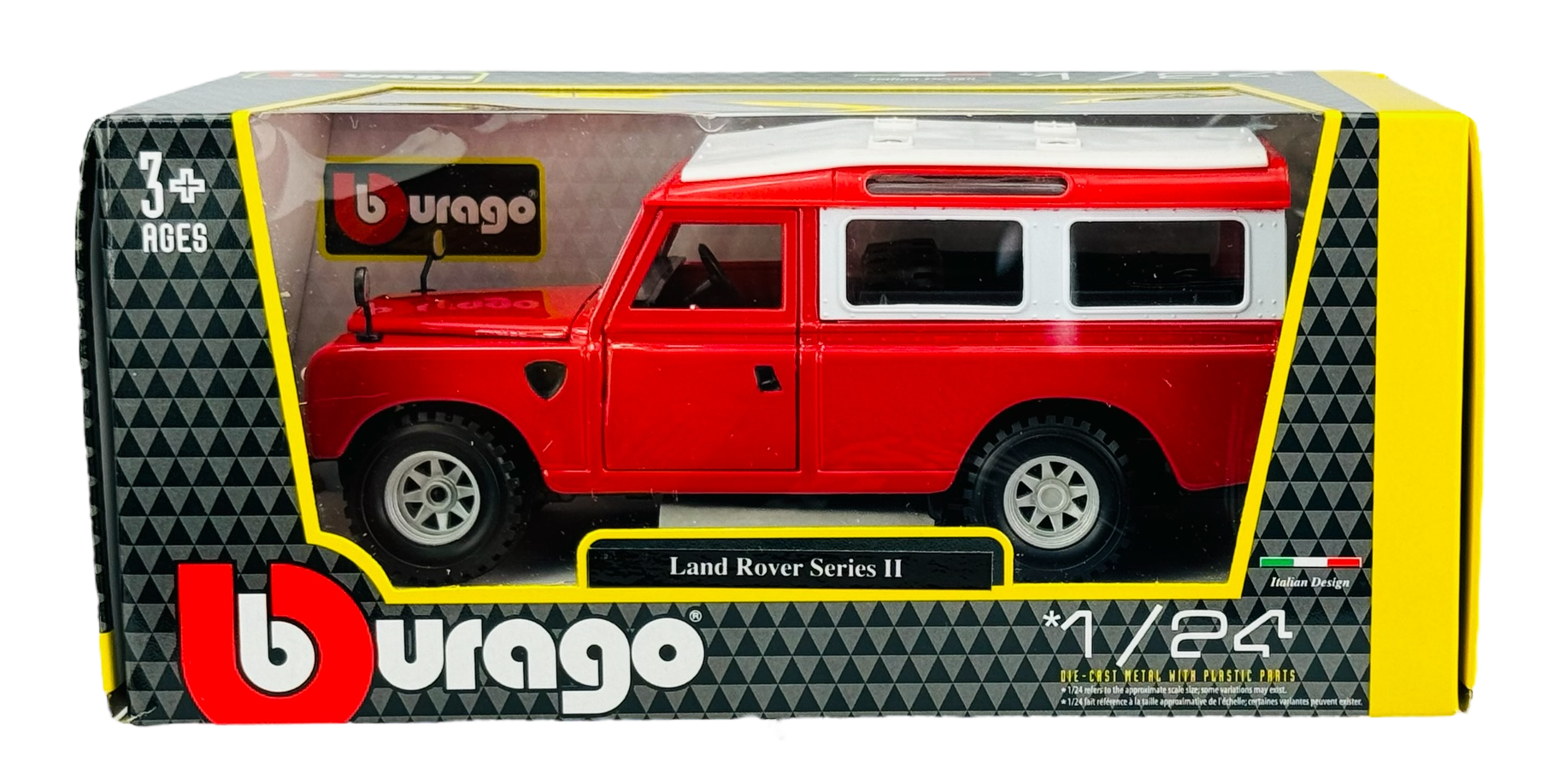 Opakowanie modelu samochodu Bburago Land Rover Series II w skali 1:24, w kolorze czerwonym, z widocznym logo Bburago i oznaczeniem \'3+ AGES\'.