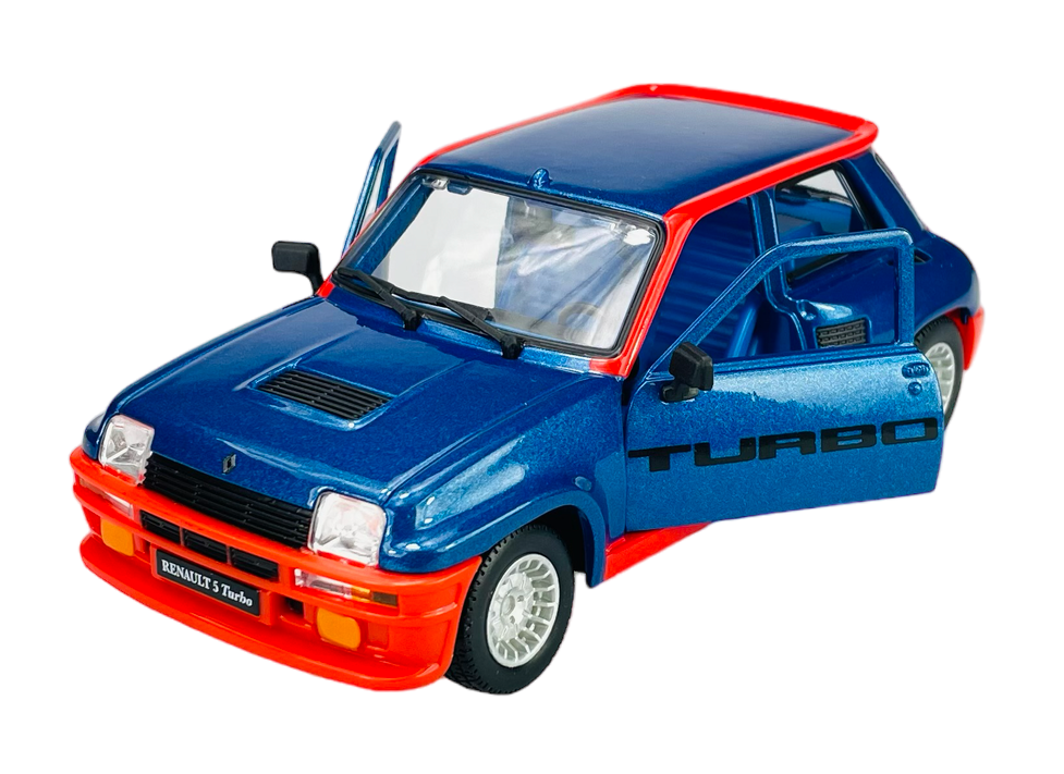 Model samochodu w kolorze niebieskim z czerwonymi akcentami, z otwartymi drzwiami i napisem \'TURBO\' na boku. Na tablicy rejestracyjnej widnieje napis \'RENAULT 5 Turbo\'.