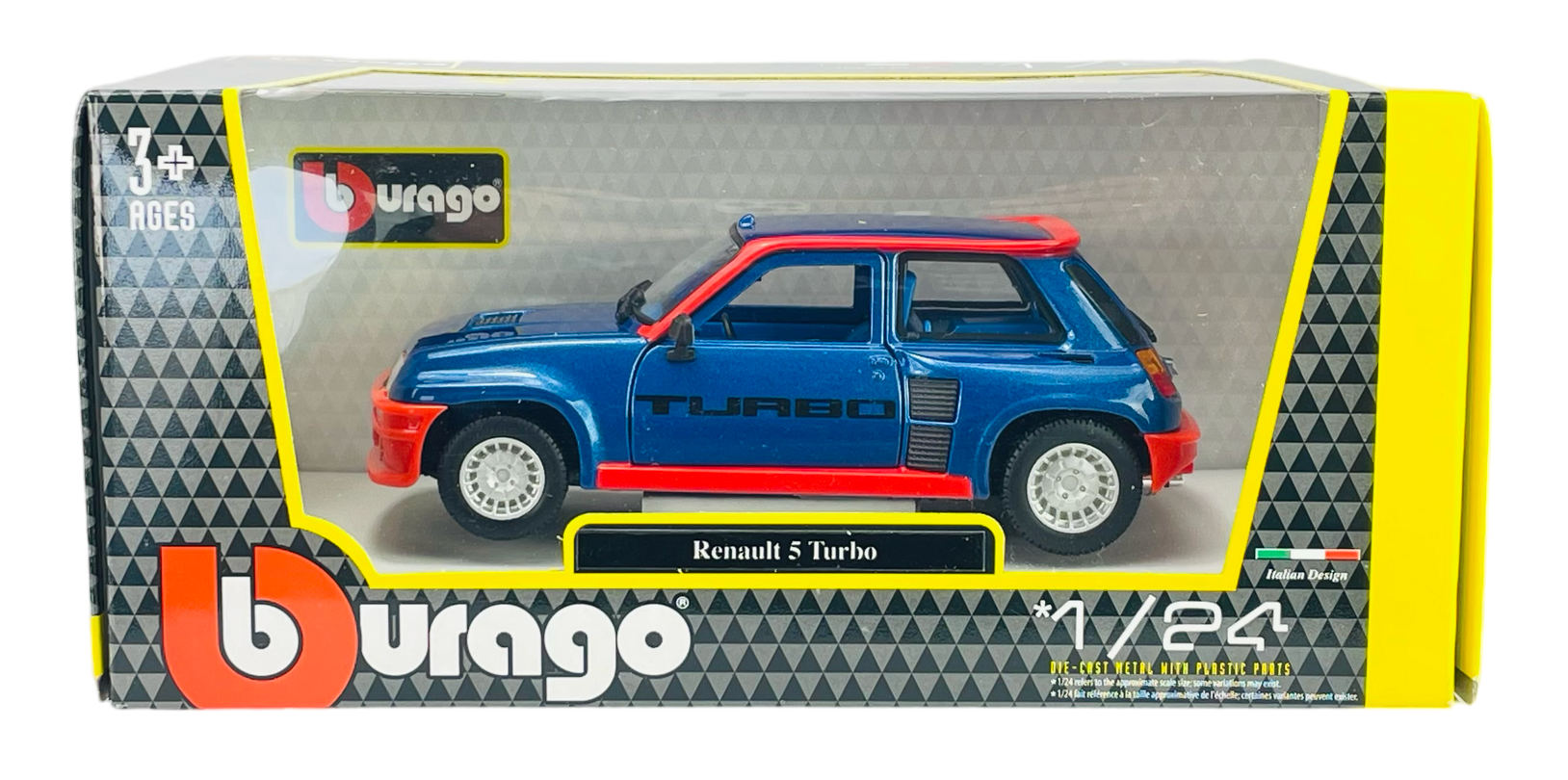 Opakowanie modelu samochodu Bburago z widocznym niebieskim modelem Renault 5 Turbo w skali 1:24. Na opakowaniu znajduje się logo Bburago oraz napis \'Renault 5 Turbo\'.