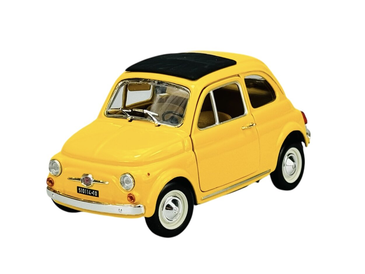 Żółty model samochodu z czarnym dachem, przypominający klasyczny Fiat 500. Na tablicy rejestracyjnej widnieje napis \'510114-TO\'.