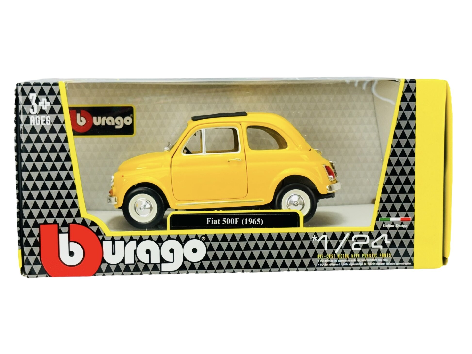 Opakowanie modelu samochodu Bburago z żółtym Fiatem 500F (1965) w skali 1:24. Na opakowaniu widoczne jest logo Bburago oraz napis \'Fiat 500F (1965)\'.