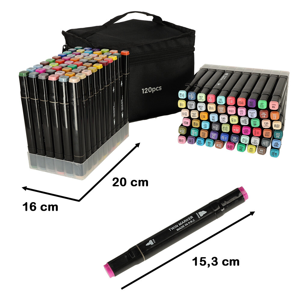 Na obrazie widoczne są dwustronne markery alkoholowe w różnych kolorach, ułożone w stojaku oraz czarne etui z napisem \'120pcs\'. Obok znajduje się pojedynczy marker z napisem \'TWIN MARKER MADE IN P.R.C.\' i podanymi wymiarami 15,3 cm.