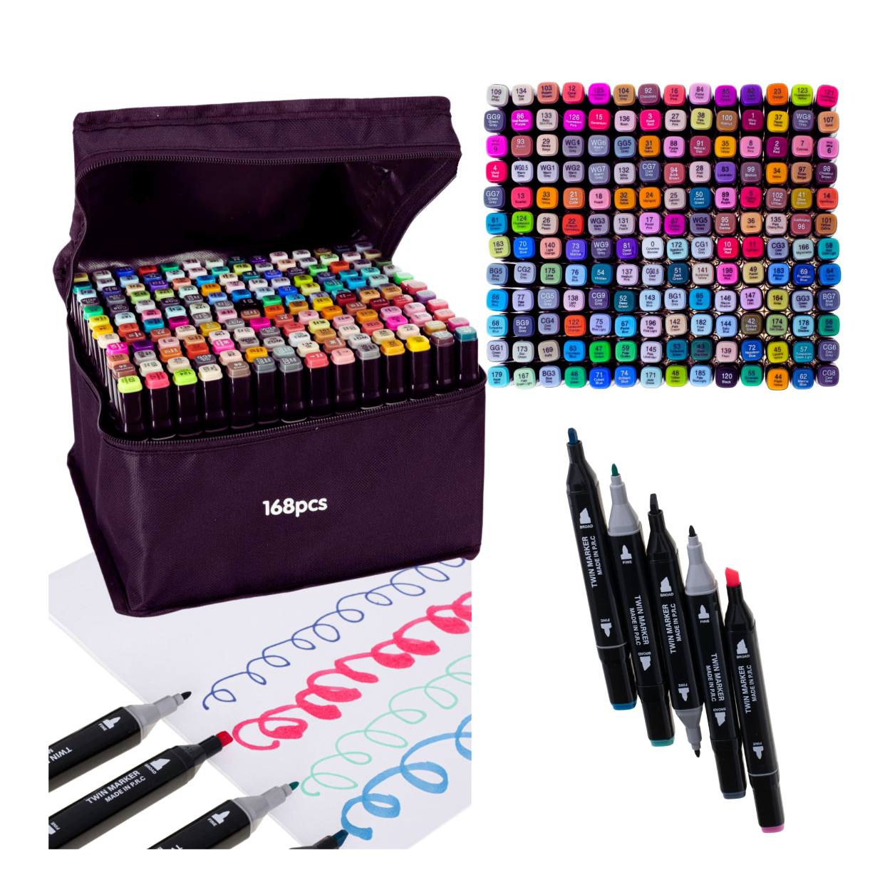 Na obrazie widoczny jest zestaw 168 dwustronnych markerów alkoholowych w otwartym etui oraz próbki kolorowych linii narysowanych markerami. Na etui widnieje napis \'168pcs\'.