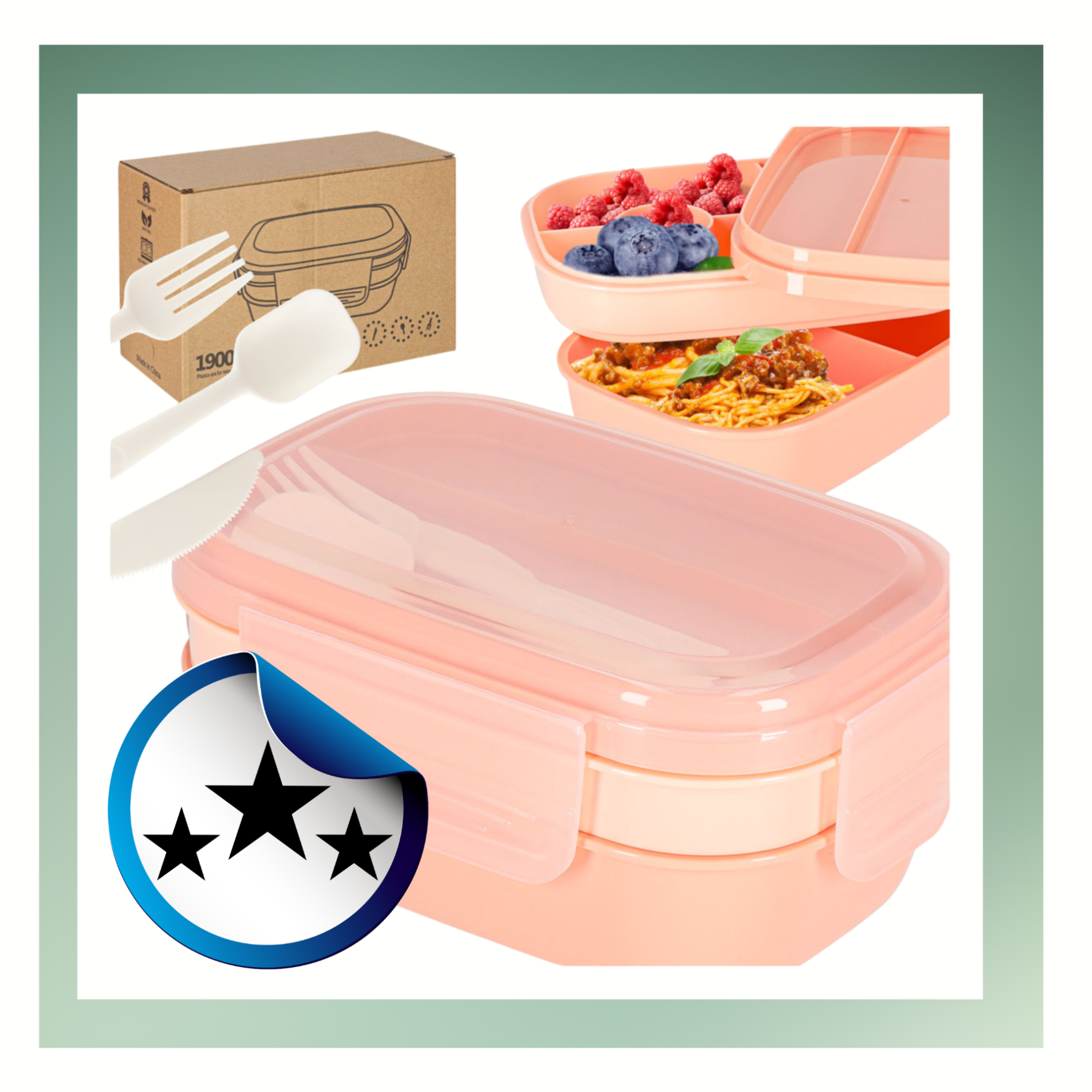 Na obrazie widoczny jest różowy lunchbox z przegródkami, sztućcami oraz pudełkiem kartonowym z rysunkiem lunchboxa. Obok znajduje się naklejka z trzema czarnymi gwiazdkami na niebieskim tle.