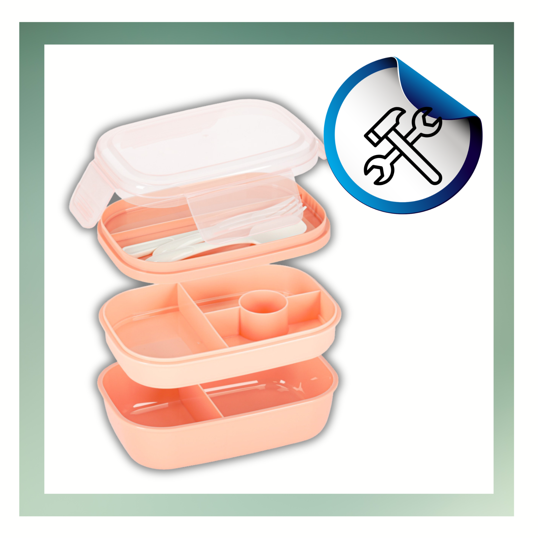 Na obrazie widoczny jest różowy lunchbox z przegródkami i sztućcami, z przezroczystą pokrywką. Obok znajduje się ikona z młotkiem i kluczem na niebieskim tle.