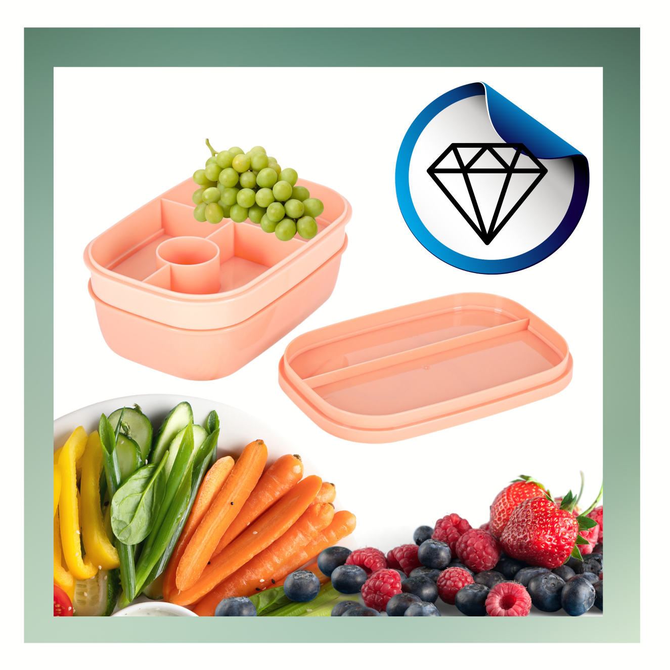 Na obrazie widoczny jest różowy lunchbox z przegródkami, wypełniony winogronami, oraz jego pokrywka. Obok znajdują się świeże warzywa i owoce oraz symbol diamentu w niebieskim okręgu.