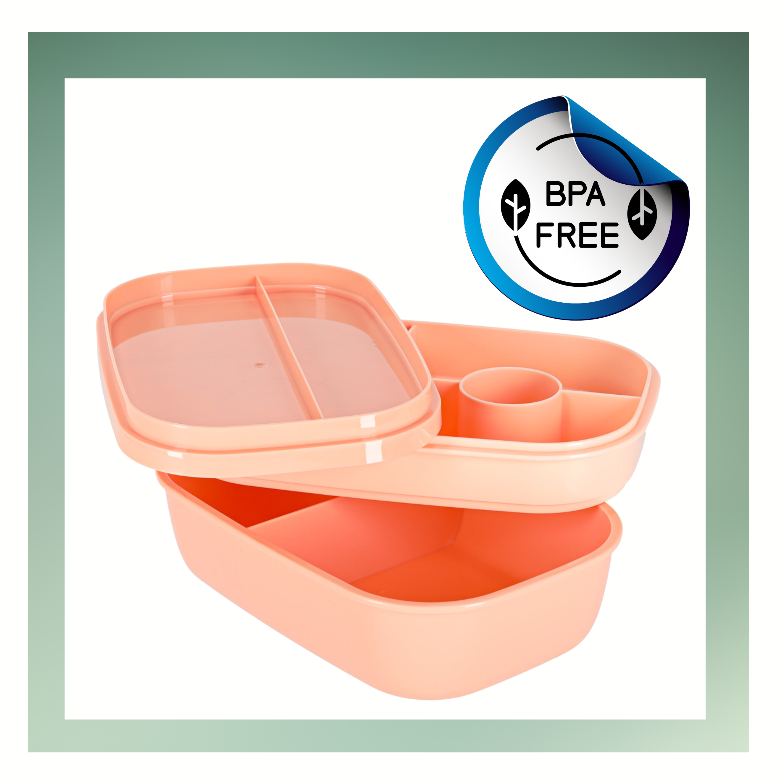 Na obrazie widoczny jest różowy lunchbox z przegródkami i miejscem na sztućce. Obok znajduje się naklejka z napisem \'BPA FREE\' oraz symbolami liści.