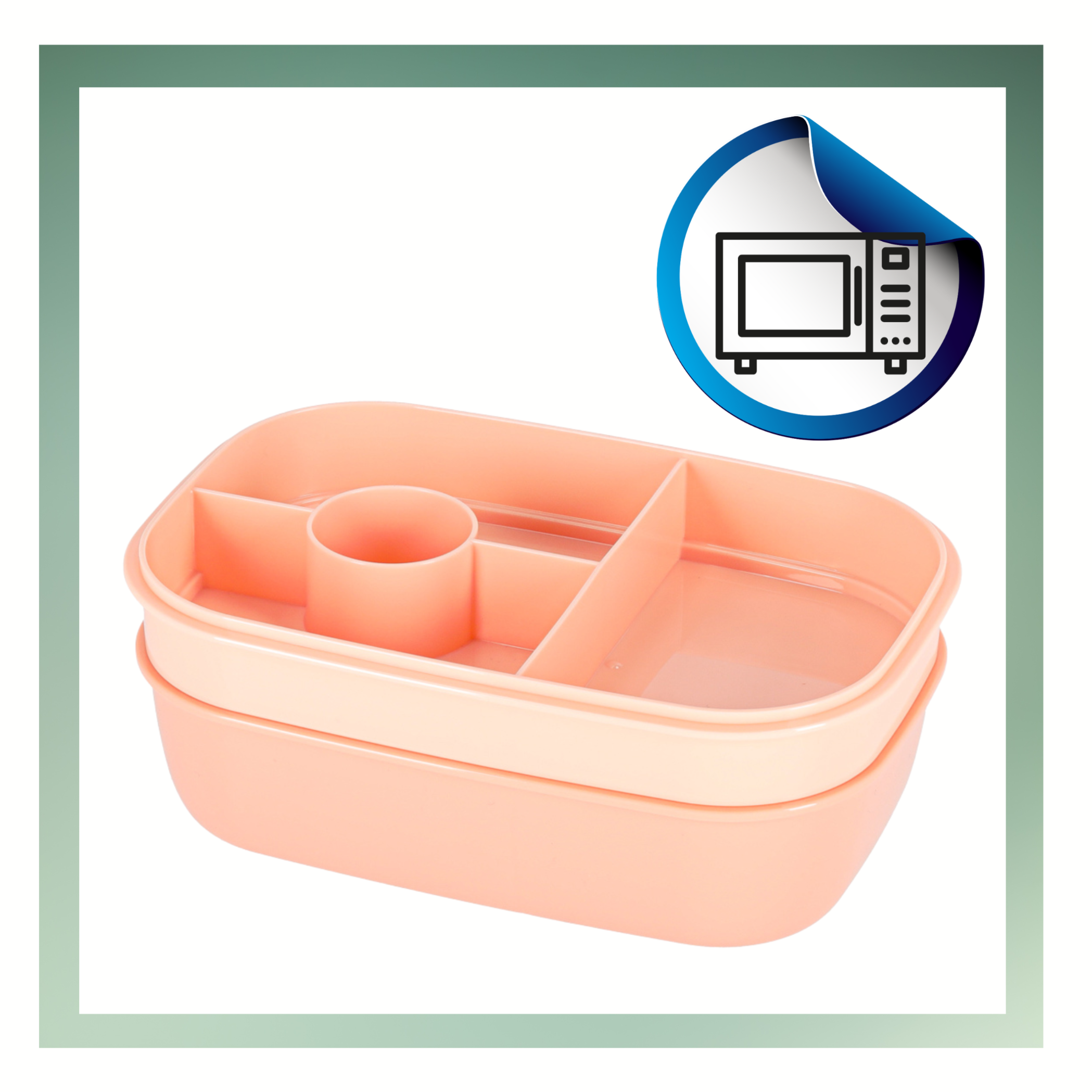 Na obrazie widoczny jest różowy lunchbox z przegródkami, wykonany z tworzywa sztucznego. Obok znajduje się ikona przedstawiająca mikrofalówkę w niebieskim okręgu.