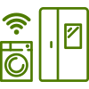 Możliwość kontrolowania, ile prądu zużywają domowe urządzenia Ikona przedstawia zielony symbol pralki z sygnałem Wi-Fi obok lodówki.