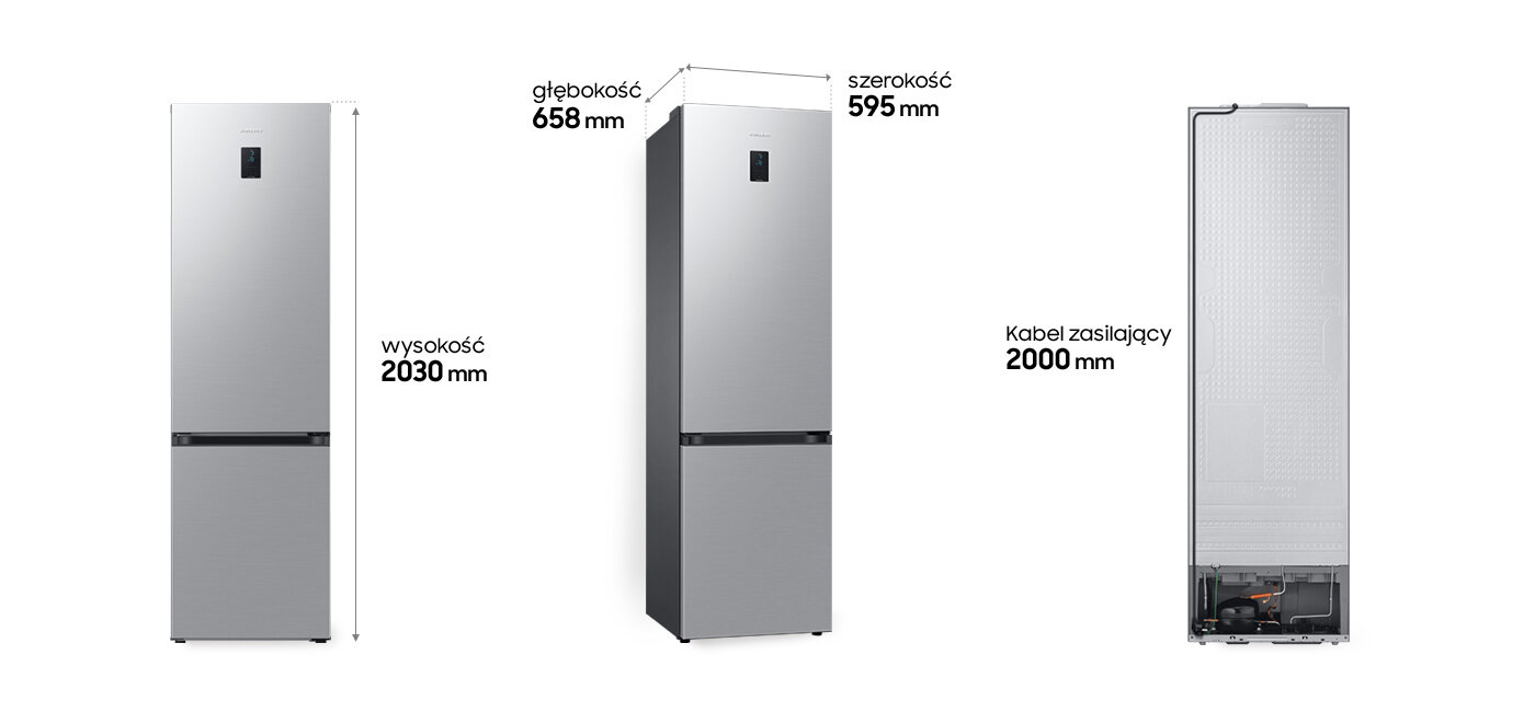 Wymiary lodówki Samsung Grand+ RB38C672ESA w kolorze metalicznego grafitu Obraz przedstawia lodówkę w kolorze metalicznego grafitu z wymiarami: wysokość 2030 mm, głębokość 658 mm, szerokość 595 mm. Widoczny jest również kabel zasilający o długości 2000 mm.