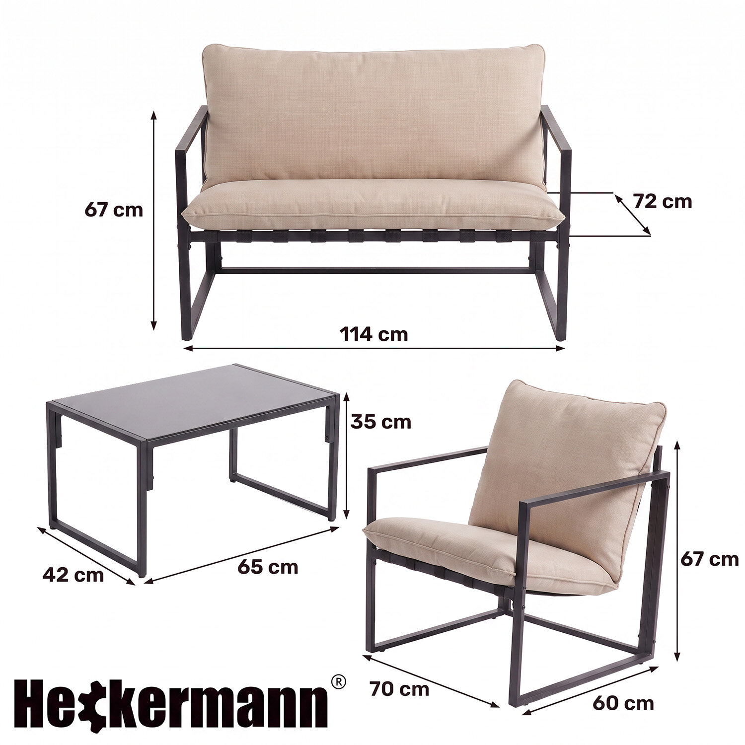 Obraz przedstawia zestaw mebli ogrodowych składający się z sofy, fotela i stolika, z podanymi wymiarami: sofa 114 cm x 67 cm x 72 cm, fotel 70 cm x 67 cm x 60 cm, stolik 65 cm x 35 cm x 42 cm. Na dole widoczne jest logo \'Heckermann\'.