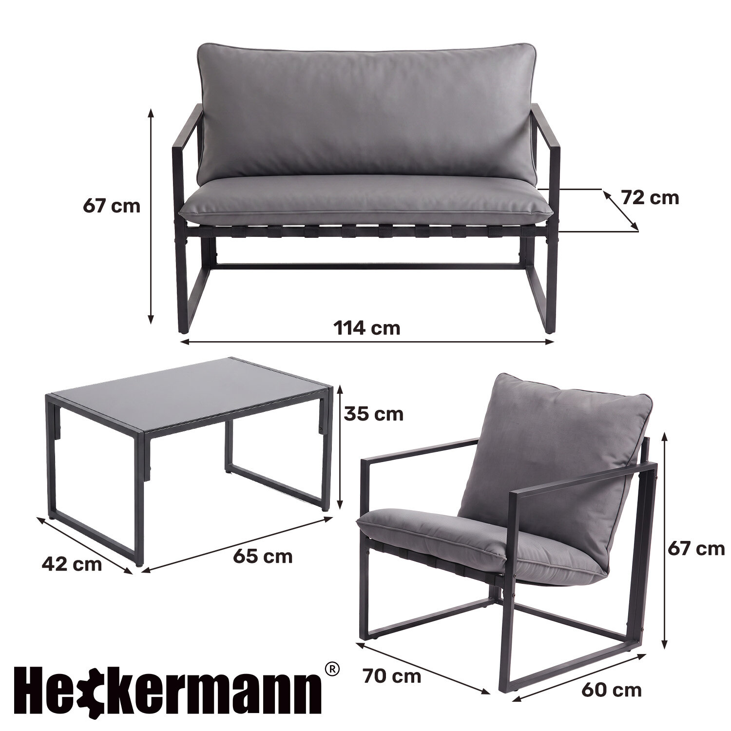 Obraz przedstawia zestaw mebli ogrodowych w kolorze szarym, składający się z sofy, fotela i stolika. Widoczne są wymiary: sofa 114 cm x 67 cm x 72 cm, fotel 70 cm x 60 cm x 67 cm, stolik 65 cm x 42 cm x 35 cm oraz logo \'Heckermann\'.