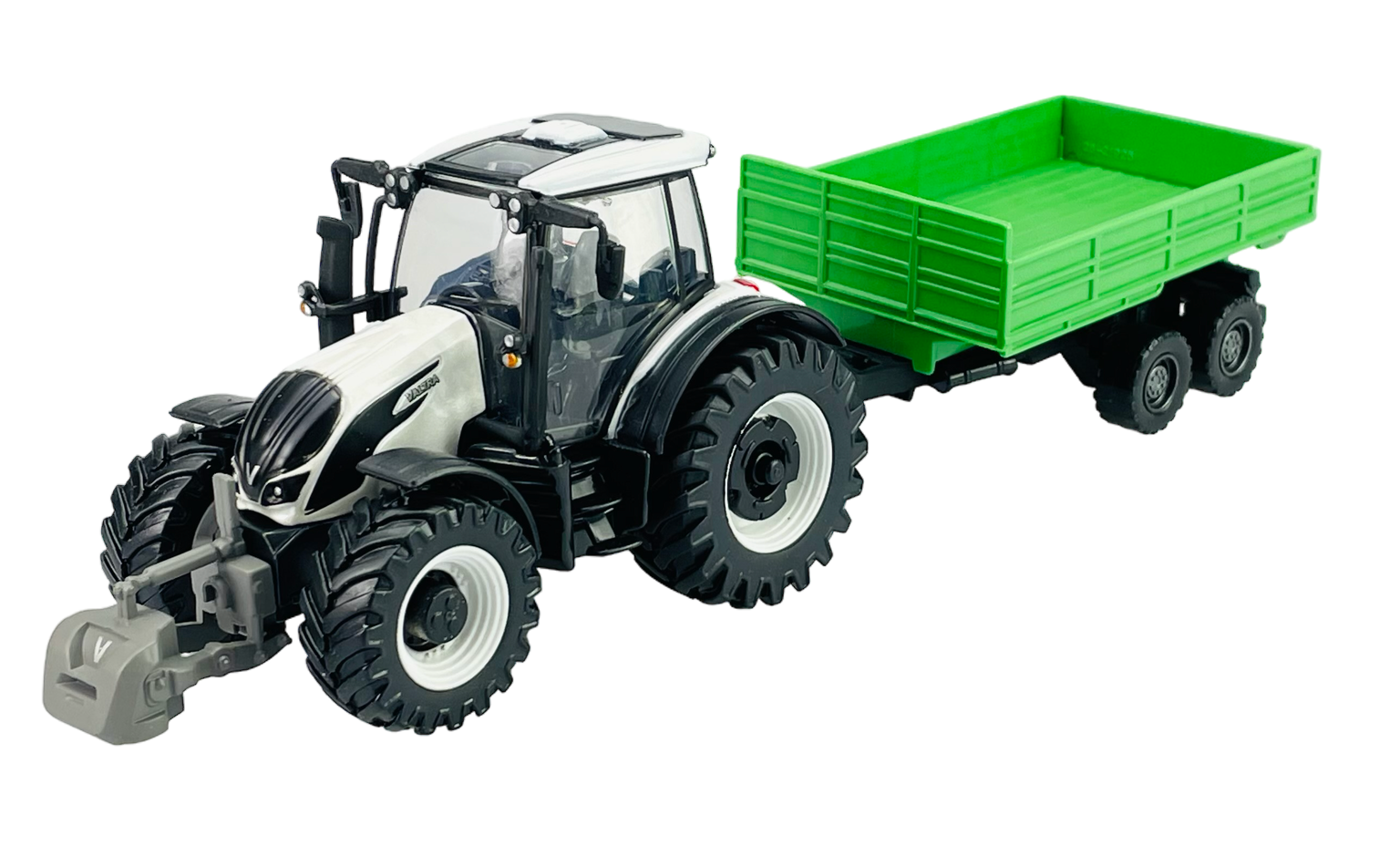 Model traktora z przyczepą, w kolorze czarnym i zielonym. Traktor ma duże, szczegółowe koła i przezroczystą kabinę.