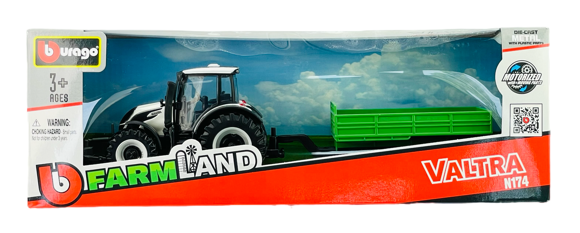 Opakowanie zabawki przedstawia biały traktor z czarnymi elementami oraz zieloną przyczepą na tle nieba z chmurami. Na opakowaniu widnieją napisy: \'Bburago\', \'FARMLAND\', \'VALTRA N174\' oraz ostrzeżenie \'WARNING: CHOKING HAZARD\'.