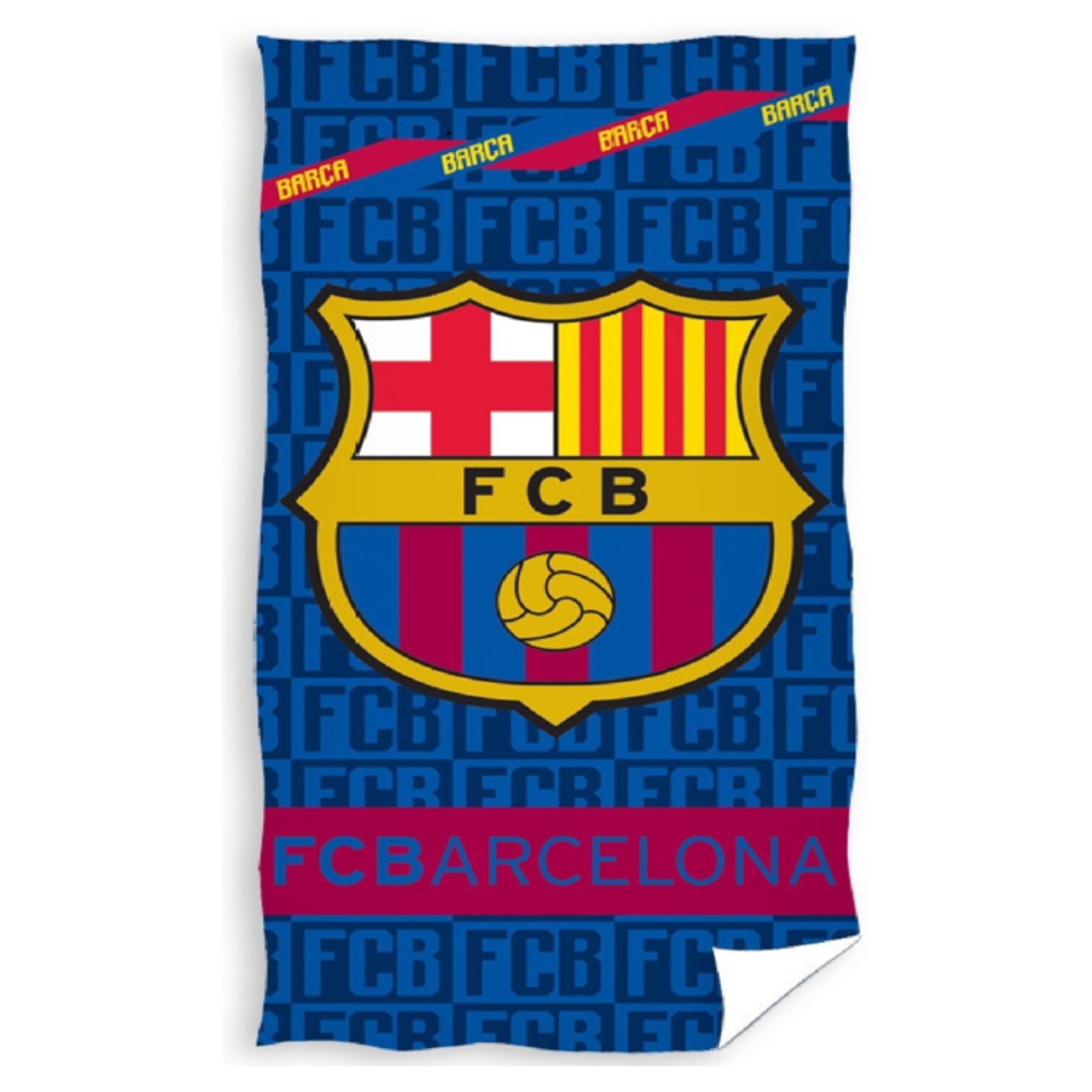 Ręcznik kąpielowy z logo FCB na niebieskim tle z powtarzającym się wzorem FCB. Na dole widnieje napis \'FC BARCELONA\' na czerwonym tle.