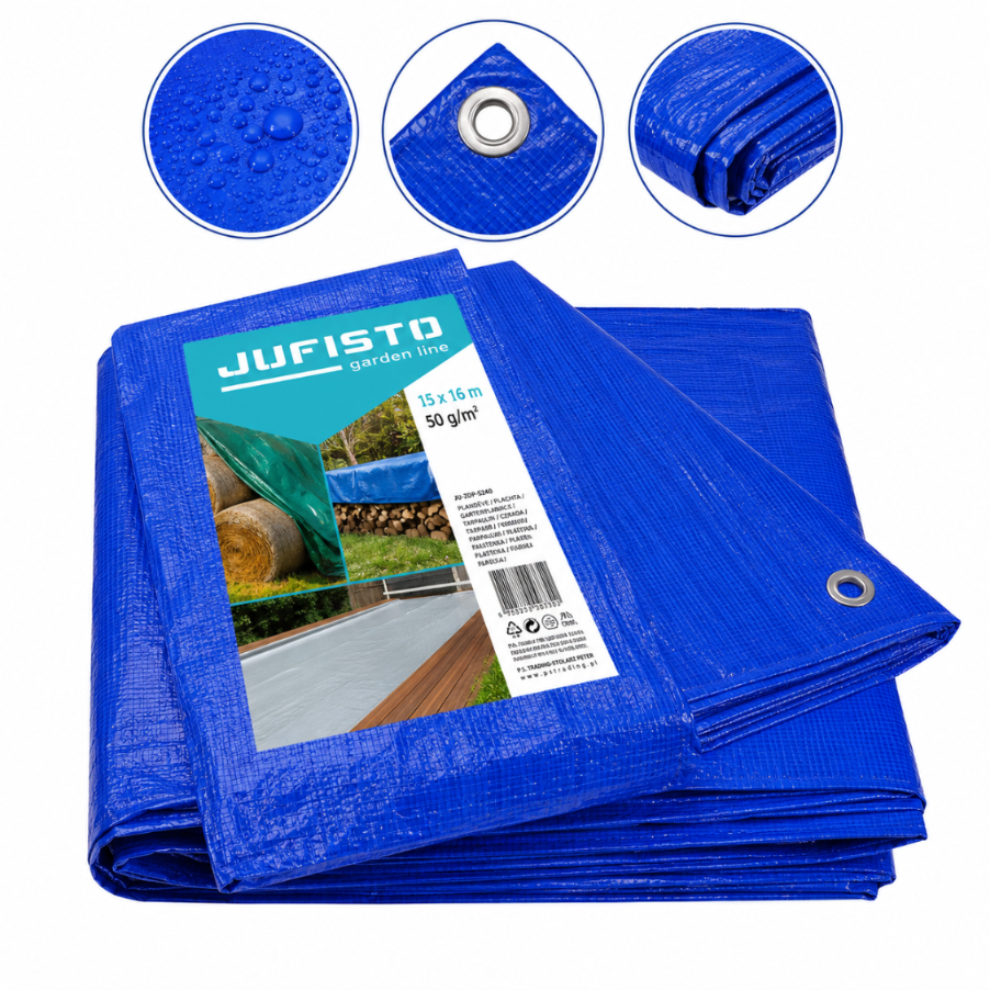 Na obrazie widoczna jest niebieska plandeka z metalowym oczkiem, z etykietą zawierającą napis \'JUFISTO garden line 15 x 16 m 50 g/m²\'. W tle znajdują się trzy okrągłe zdjęcia przedstawiające szczegóły materiału i oczka plandeki.