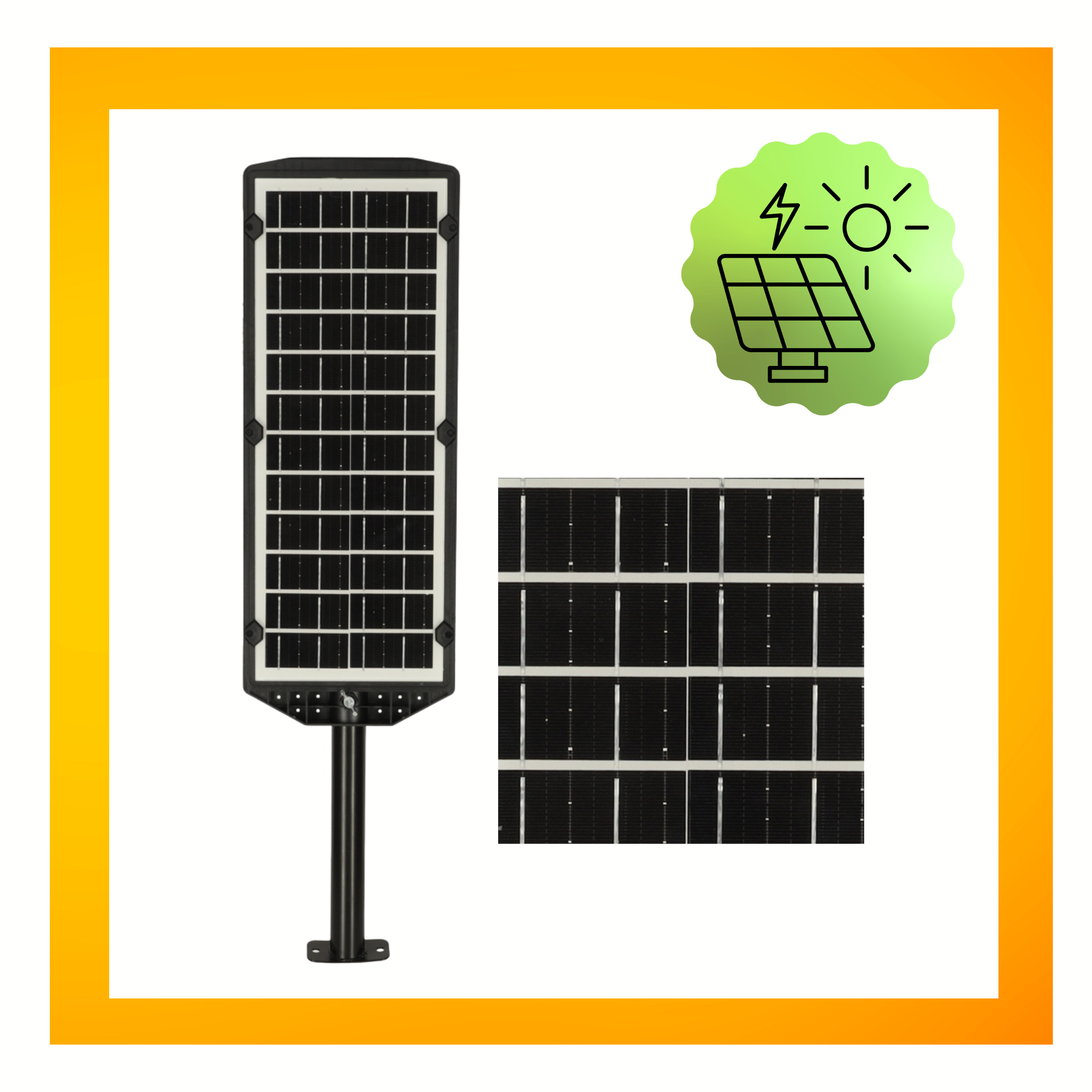 Obraz przedstawia lampę solarną z panelem słonecznym oraz ikonę symbolizującą energię słoneczną. Lampa ma prostokątny kształt z czarnym panelem i jest umieszczona na czarnym uchwycie.