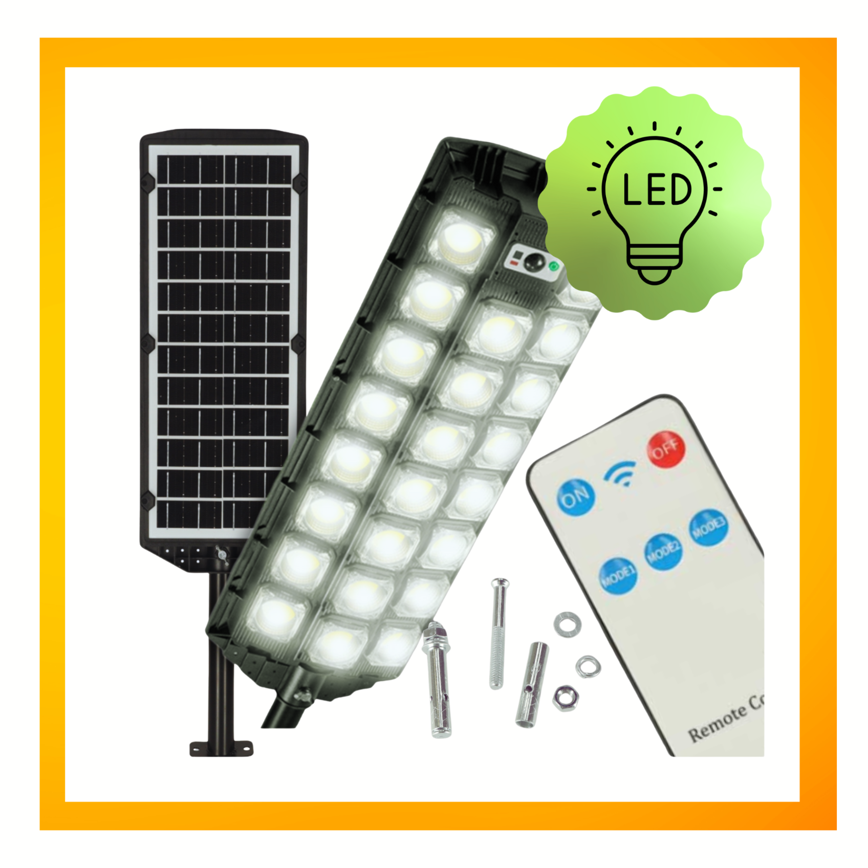 Obraz przedstawia zewnętrzną lampę solarną LED z czujnikiem ruchu, panel solarny, pilot zdalnego sterowania oraz elementy montażowe. W prawym górnym rogu znajduje się ikona z napisem \'LED\'.