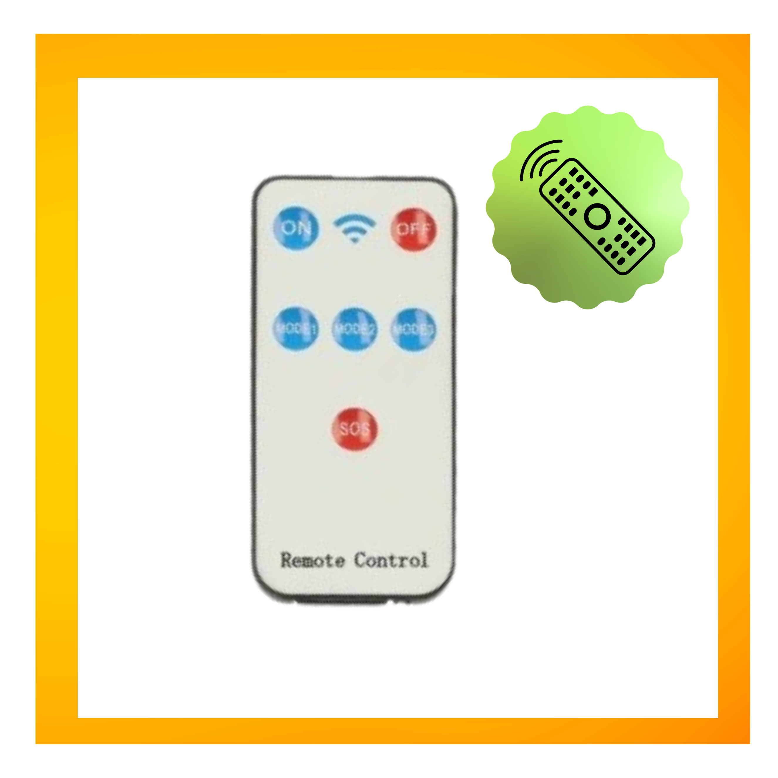 Na obrazie widoczny jest biały pilot z przyciskami oznaczonymi jako ON, OFF, MODE i SOS oraz napisem \'Remote Control\'. Obok pilota znajduje się zielona ikona z symbolem pilota.