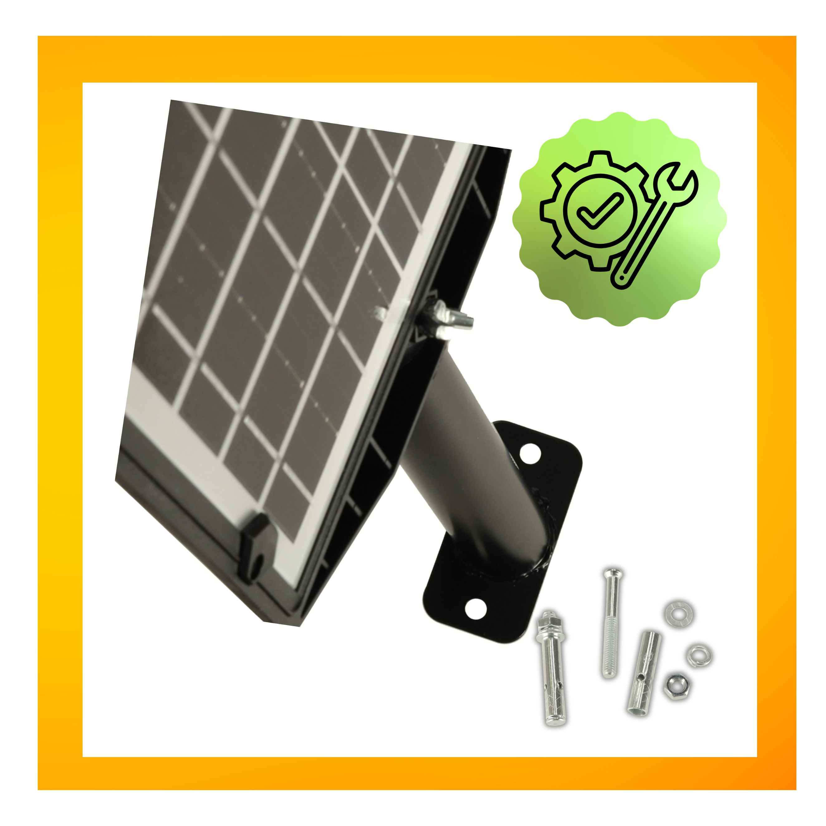 Obraz przedstawia panel solarny zamontowany na metalowym wsporniku, obok którego znajdują się śruby i nakrętki. W prawym górnym rogu widoczna jest zielona ikona z symbolem koła zębatego i klucza.