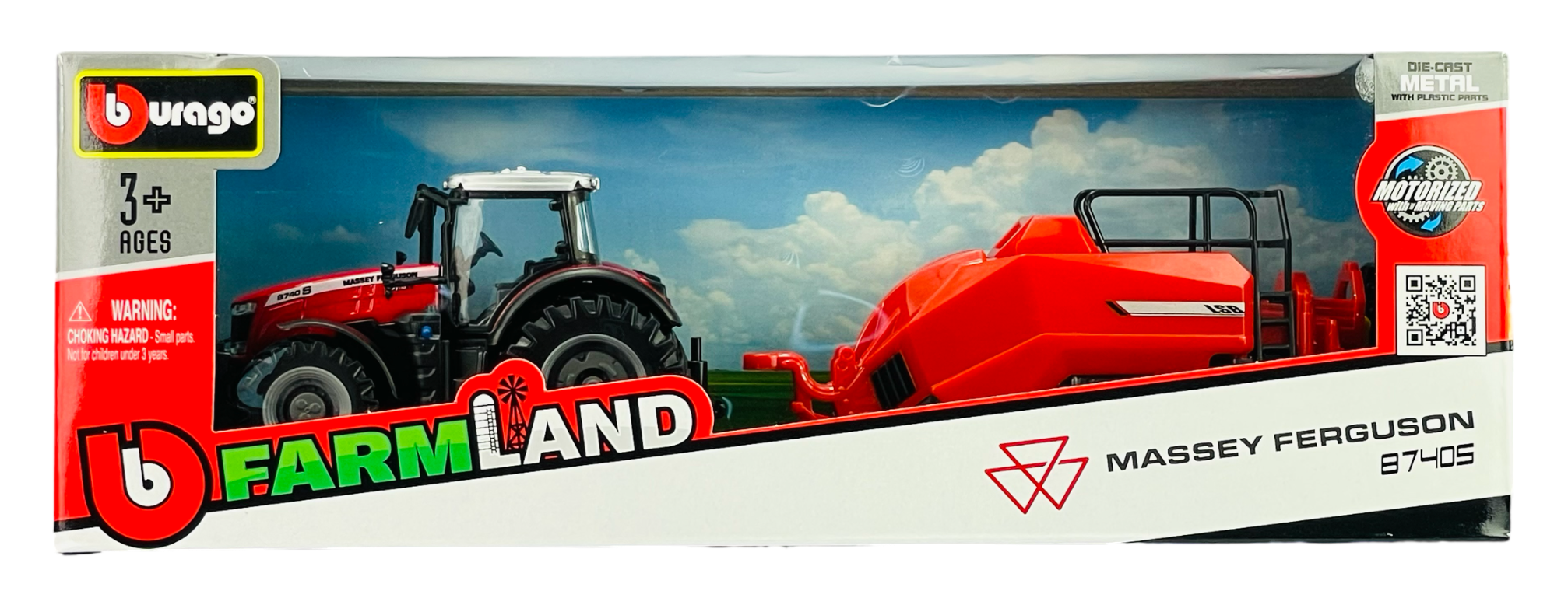 Opakowanie zabawki przedstawia czerwony traktor z przyczepą na tle nieba z chmurami. Na opakowaniu widnieje logo \'Bburago\', napis \'FARMLAND\', oraz \'MASSEY FERGUSON 8740S\'.