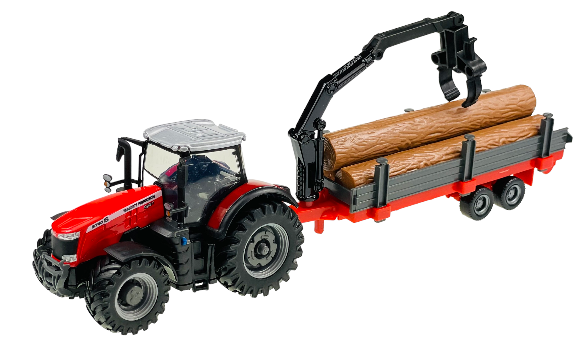 Czerwony traktor z dużymi kołami połączony z przyczepą na drewno, na której znajdują się dwa brązowe kłody. Przyczepa wyposażona jest w dźwig do podnoszenia drewna.