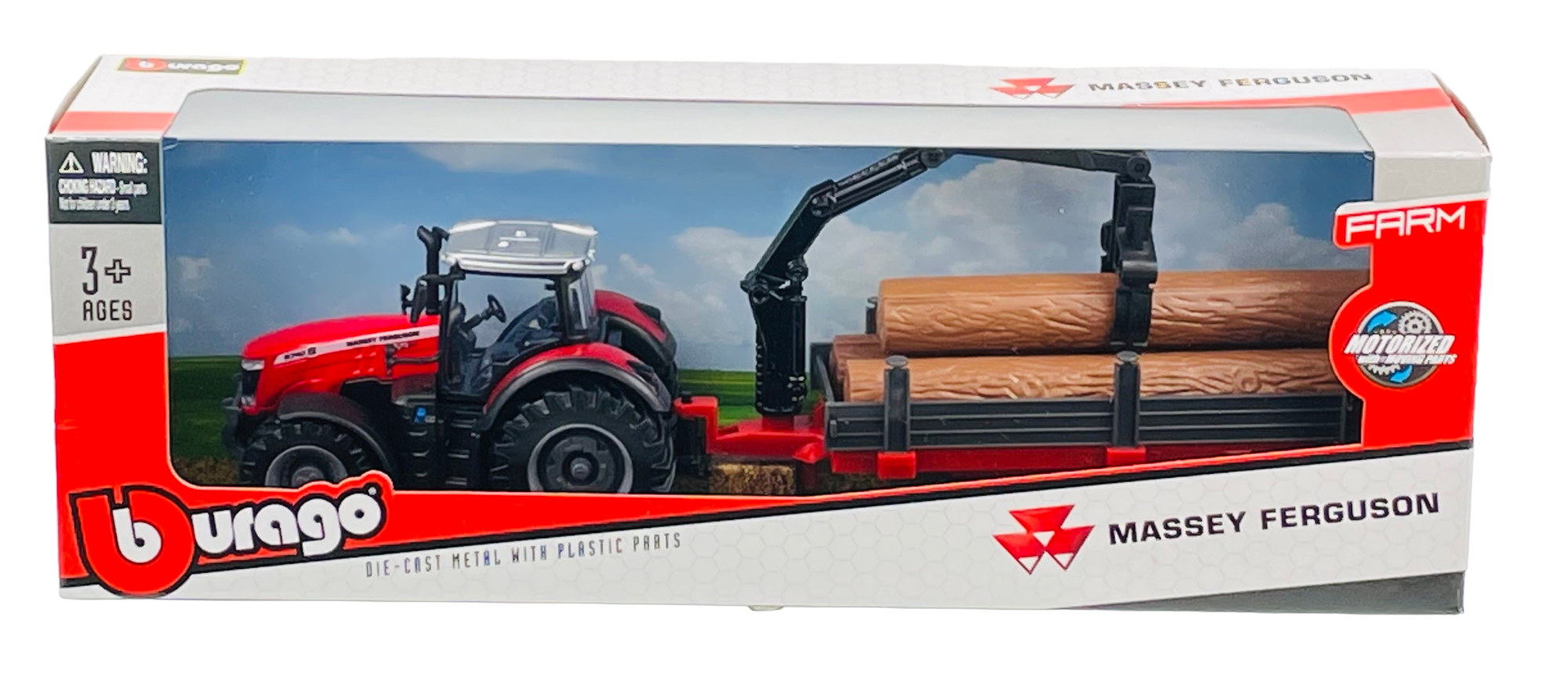 Opakowanie z modelem czerwonego traktora z przyczepą załadowaną drewnem. Na opakowaniu widoczne są loga \'Bburago\' i \'Massey Ferguson\'.
