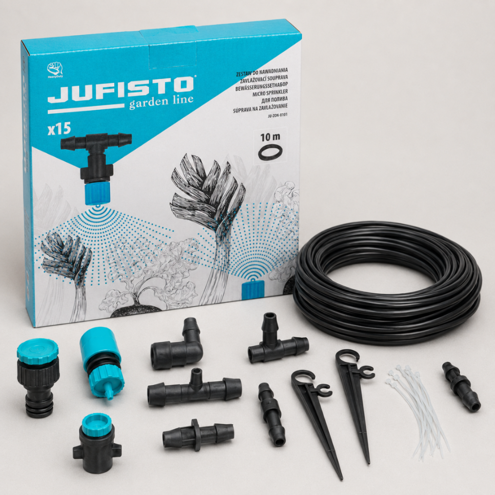 Na obrazie znajduje się zestaw nawadniania JUFISTO garden line, w skład którego wchodzą różne elementy z czarnego plastiku oraz zwinięty wąż. Opakowanie jest niebiesko-białe z grafiką roślin i napisem \'Zestaw do nawadniania\' w kilku językach.