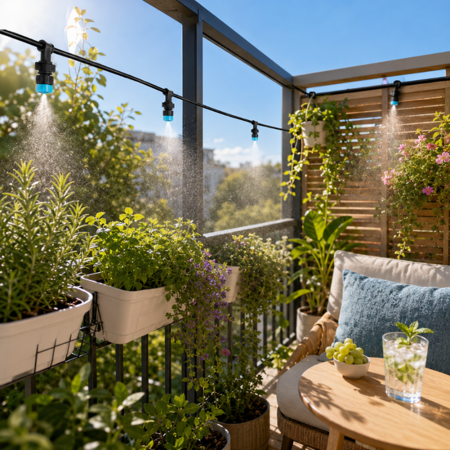 Na balkonie widać zestaw nawadniający z kurtyną wodną, który delikatnie zrasza rośliny w doniczkach. Obok znajduje się stolik z napojem i winogronami, a w tle widać zielone rośliny i niebo.