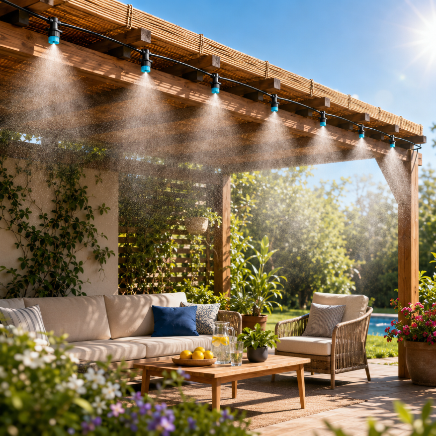 Drewniana pergola z zamontowanym systemem zraszającym, który tworzy delikatną mgiełkę wodną nad zestawem wypoczynkowym na tarasie. Wokół znajdują się rośliny doniczkowe i ogrodowe, a na stoliku leżą cytryny i dzbanek z wodą.