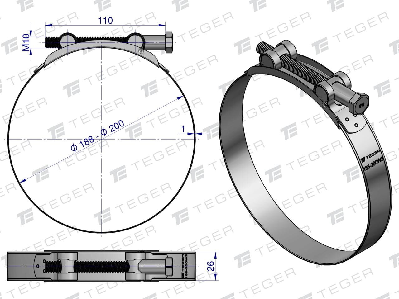 Rysunek techniczny opaski zaciskowej z oznaczeniami wymiarów: średnica 188-200 mm, szerokość 26 mm, długość śruby 110 mm, gwint M10. Widoczne logo TEGER oraz napis \'188-200W2\'.