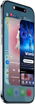 Smartfon z wyświetlonymi aplikacjami na ekranie, w tym mapy, muzyka i film. Na ekranie widoczny jest tekst: \'WONDL\'.