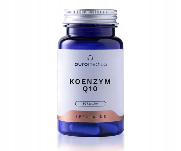 Na obrazie znajduje się niebieska butelka z białą etykietą, na której widnieje napis \'puromedica KOENZYM Q10 90 kapsułek SPECJALNE\'.