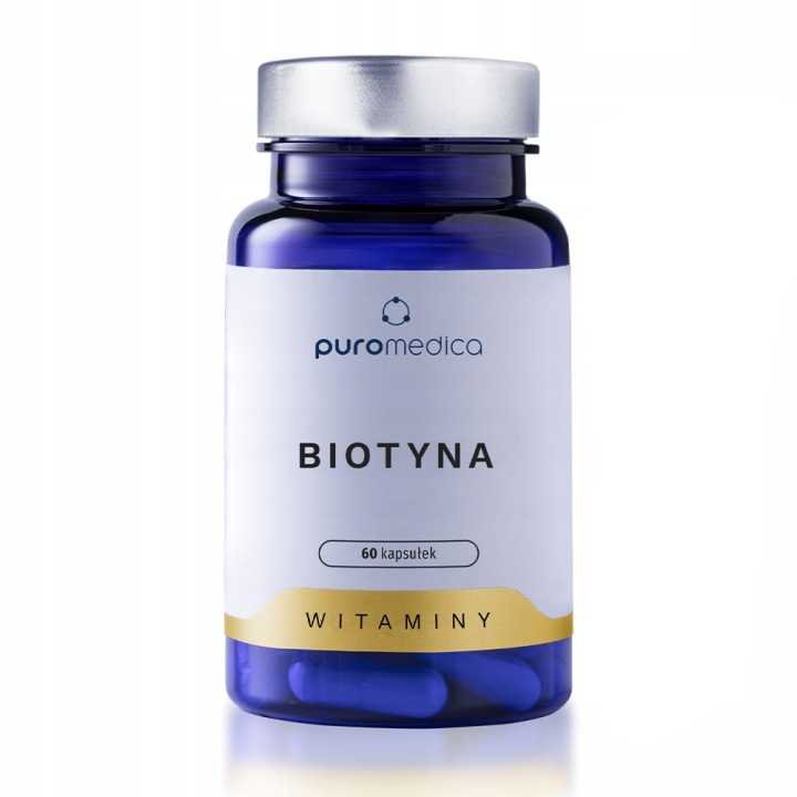 Na obrazie widoczna jest niebieska butelka z etykietą \'puromedica BIOTYNA 60 kapsułek WITAMINY\'.