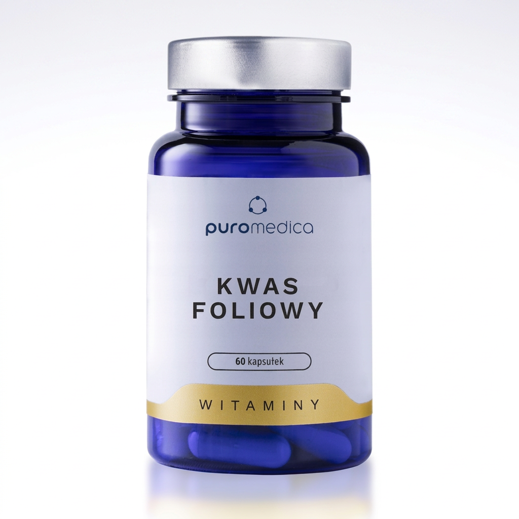 Na obrazie widoczna jest niebieska butelka z etykietą \'puromedica Kwas Foliowy 60 kapsułek WITAMINY\'.