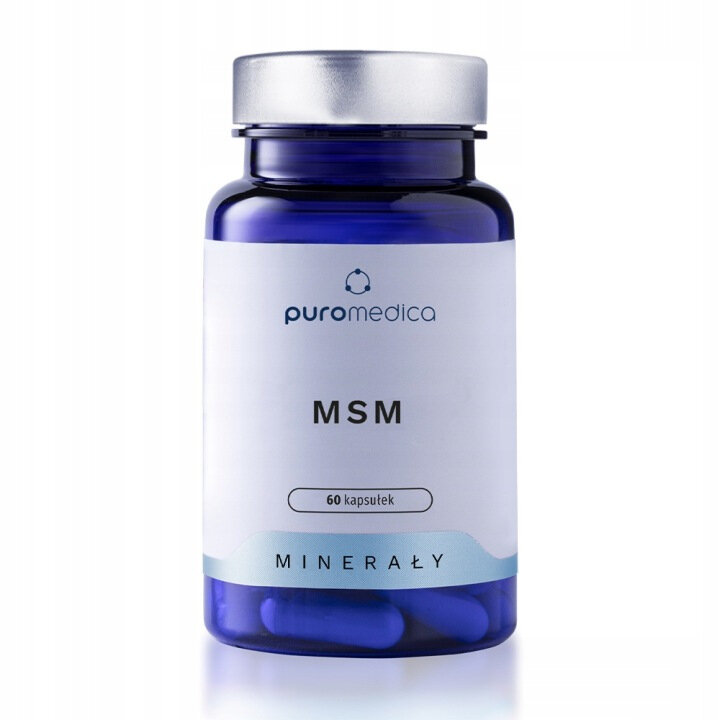 Na obrazie widoczna jest niebieska butelka z białą etykietą, na której znajduje się napis \'puromedica MSM 60 kapsułek MINERAŁY\'.