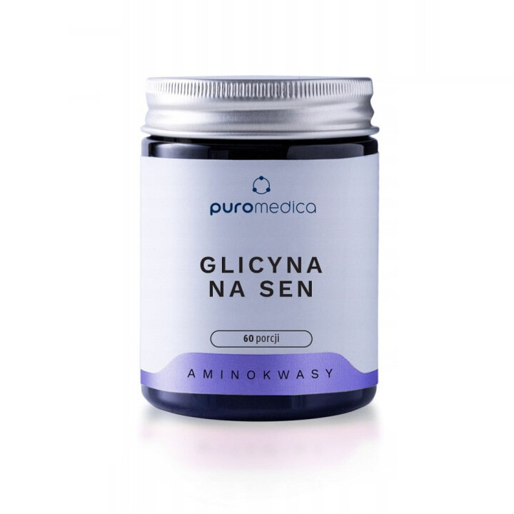 Słoik z etykietą \'Puromedica Glicyna Na Sen 60 porcji Aminokwasy\'.