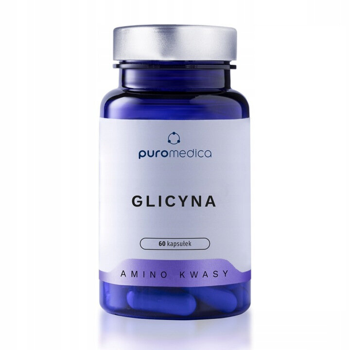 Na obrazie widoczna jest niebieska butelka z etykietą \'puromedica GLICYNA 60 kapsułek AMINO KWASY\'.