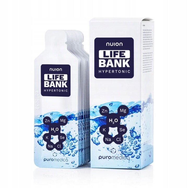 Opakowanie produktu \'Nuion Life Bank Hypertonic\' z widocznymi saszetkami i grafiką przedstawiającą wodę oraz symbole chemiczne: Zn, Mg, H2O, K, Na, Cl, Se. Logo \'puromedica\' znajduje się na dole opakowania.