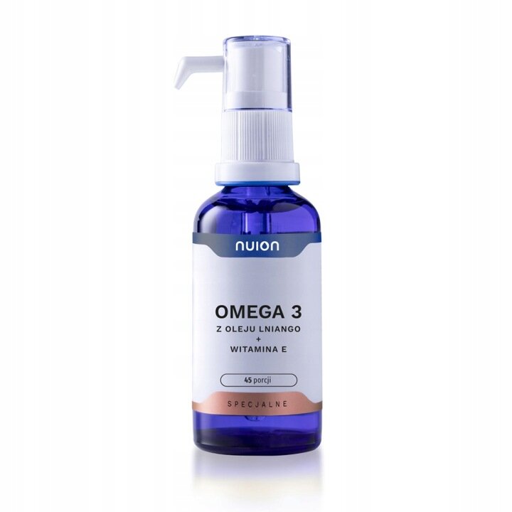 Na obrazie widoczna jest niebieska butelka z białą etykietą i pompką, oznaczona jako \'nuion\'. Etykieta zawiera tekst: \'OMEGA 3 Z OLEJU LNIANEGO + WITAMINA E 45 porcji SPECJALNE\'.