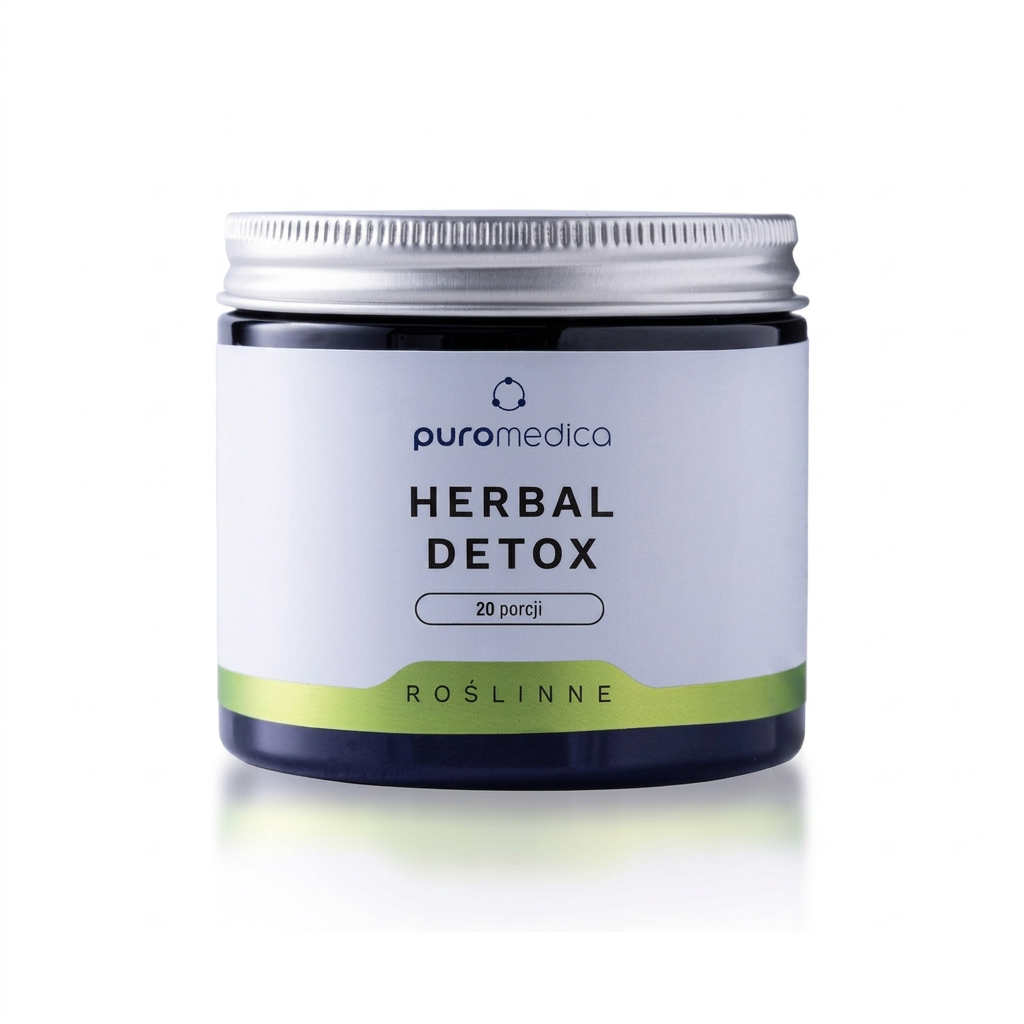 Słoik z białą etykietą, na której widnieje napis \'puromedica HERBAL DETOX 20 porcji ROŚLINNE\'.