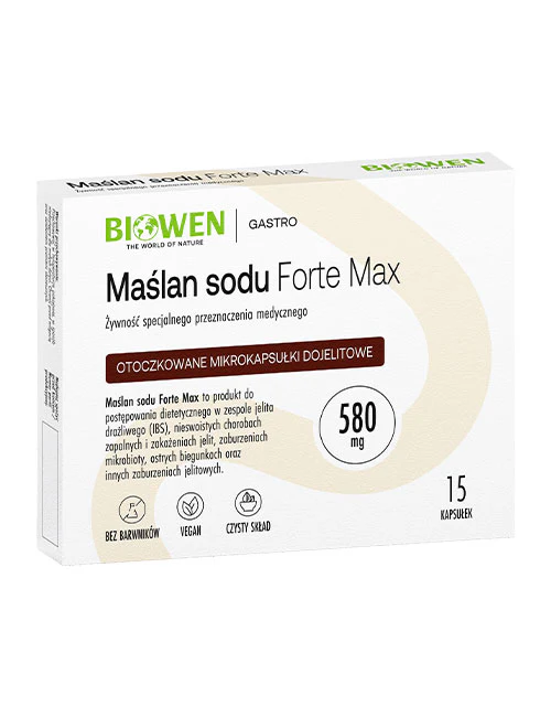 Opakowanie produktu Biowen Maślan Sodu Forte Max zawiera 15 kapsułek i jest oznaczone jako żywność specjalnego przeznaczenia medycznego. Na opakowaniu widnieje napis \'Otoczkowane mikrokapsułki dojelitowe\' oraz \'580 mg\'.
