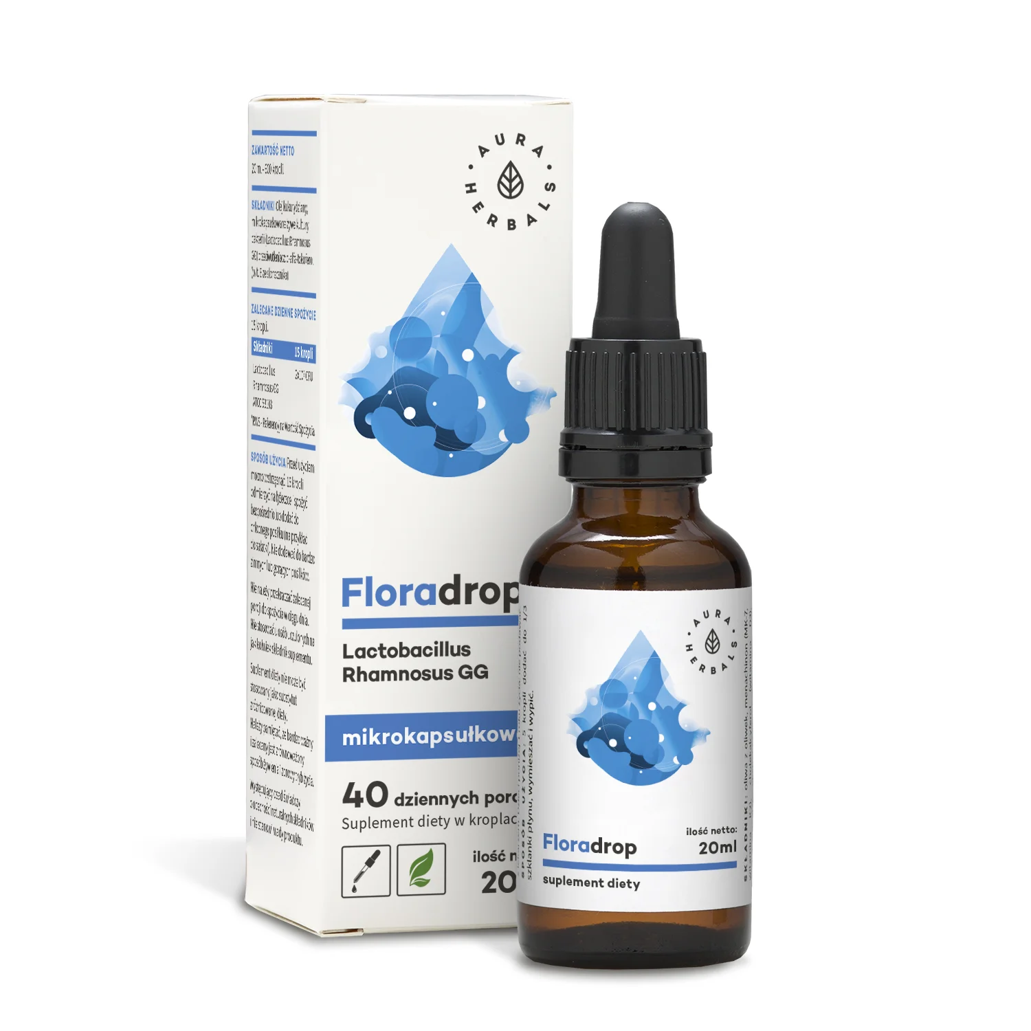 Na obrazie znajduje się butelka z kroplomierzem oraz pudełko produktu Aura Herbals Floradrop Lactobacillus Rhamnosus GG Krople 20 ml. Na opakowaniu widoczny jest niebieski motyw graficzny oraz tekst: \'Floradrop Lactobacillus Rhamnosus GG mikrokapsułkowany\'.