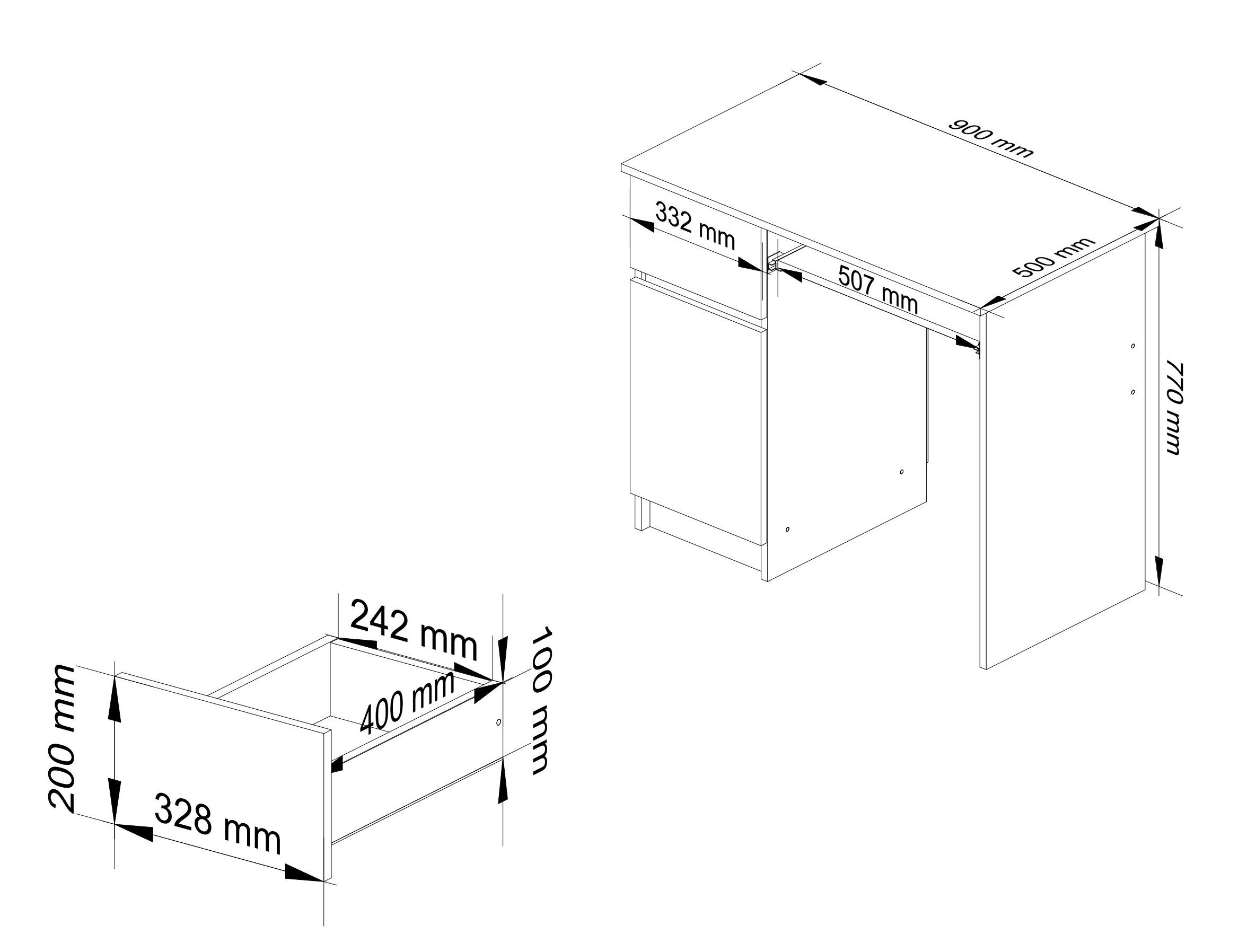 Rysunek techniczny biurka komputerowego z wymiarami: 900 mm szerokości, 500 mm głębokości i 770 mm wysokości. Widoczne są również wymiary szuflady: 328 mm szerokości, 400 mm głębokości i 200 mm wysokości.