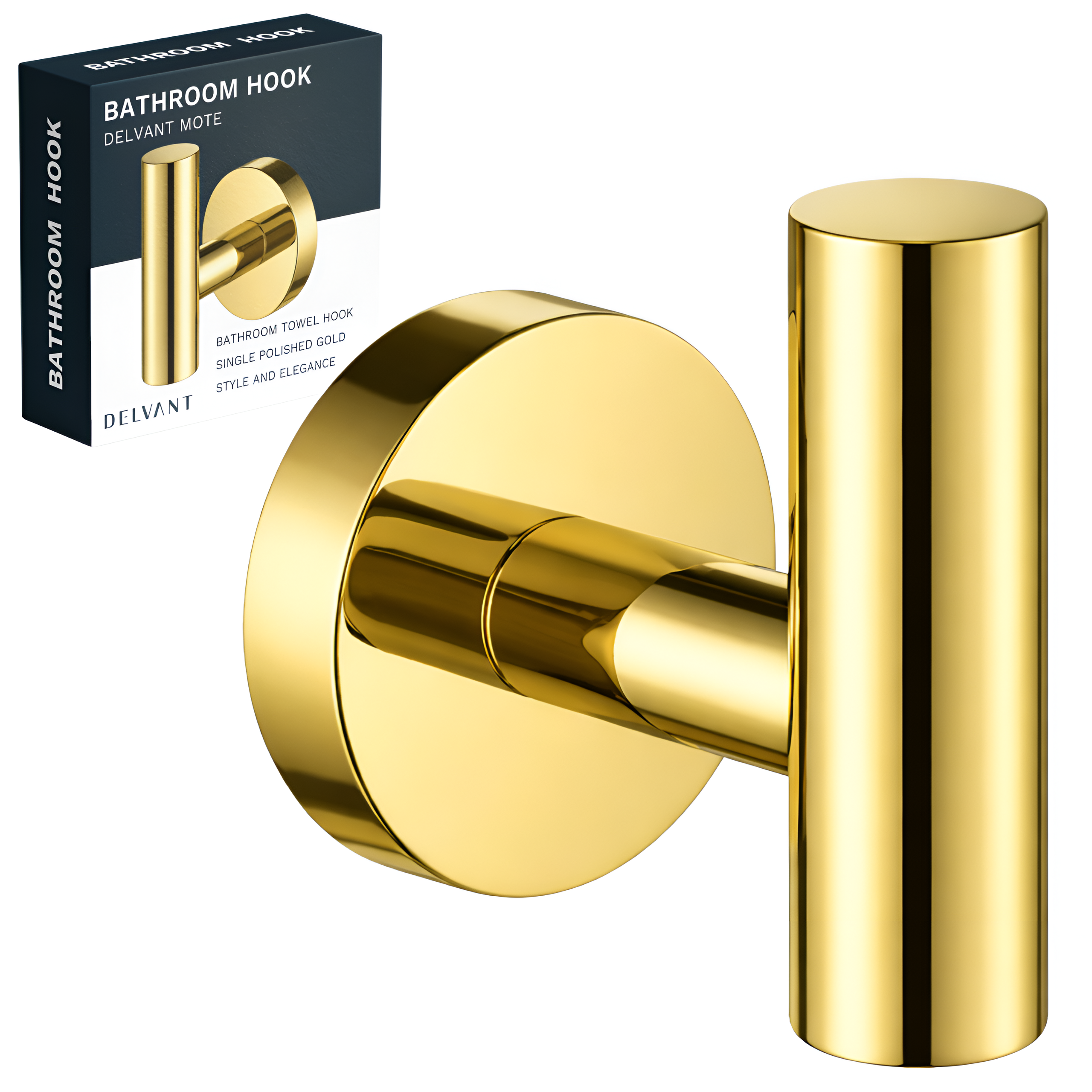 Złoty, połyskujący wieszak łazienkowy na ręcznik w kształcie haczyka, z okrągłą podstawą. Obok znajduje się opakowanie z napisem: \'BATHROOM HOOK DELVANT MOTE BATHROOM TOWEL HOOK SINGLE POLISHED GOLD STYLE AND ELEGANCE\'.