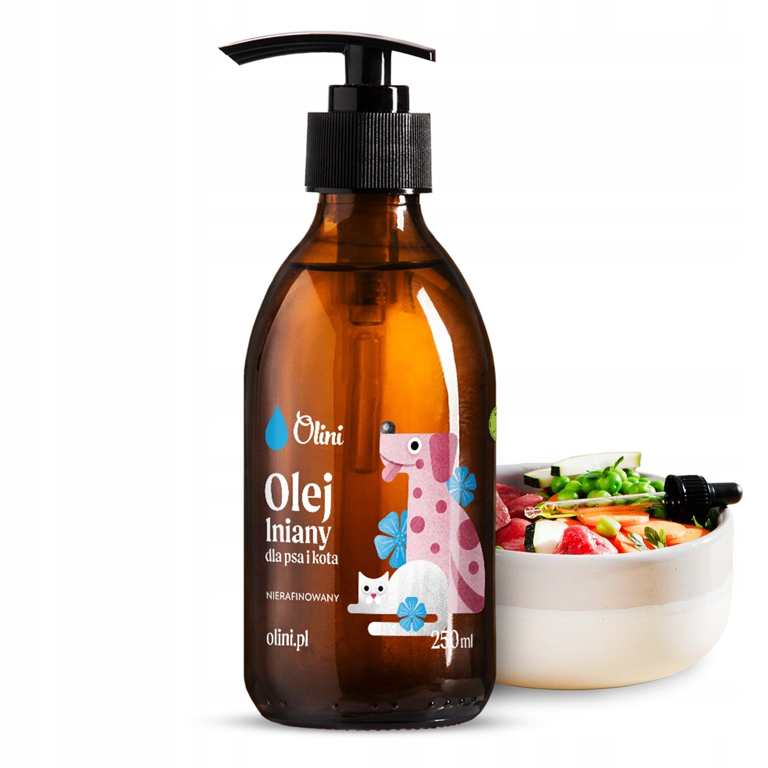 Brązowa butelka z pompką zawiera produkt \'Olini Olej Lniany dla psa i kota 250 ml\'. Na etykiecie widoczne są ilustracje psa i kota oraz napis \'nierafinowany\'.