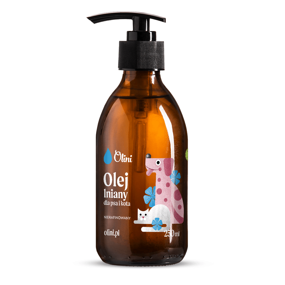 Szklana butelka z pompką zawiera produkt \'Olini Olej Lniany dla psa i kota 250 ml\'. Na etykiecie widoczne są ilustracje psa i kota oraz napis \'nierafinowany\'.