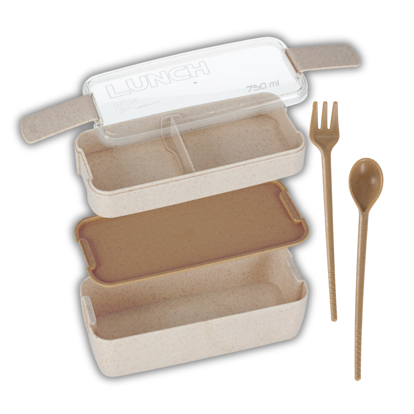 Na obrazie widoczny jest lunchbox z przegródkami, przezroczystą pokrywką z napisem \'LUNCH 750 ml\' oraz sztućcami: widelcem i łyżką. Lunchbox ma neutralny kolor i składa się z kilku warstw.