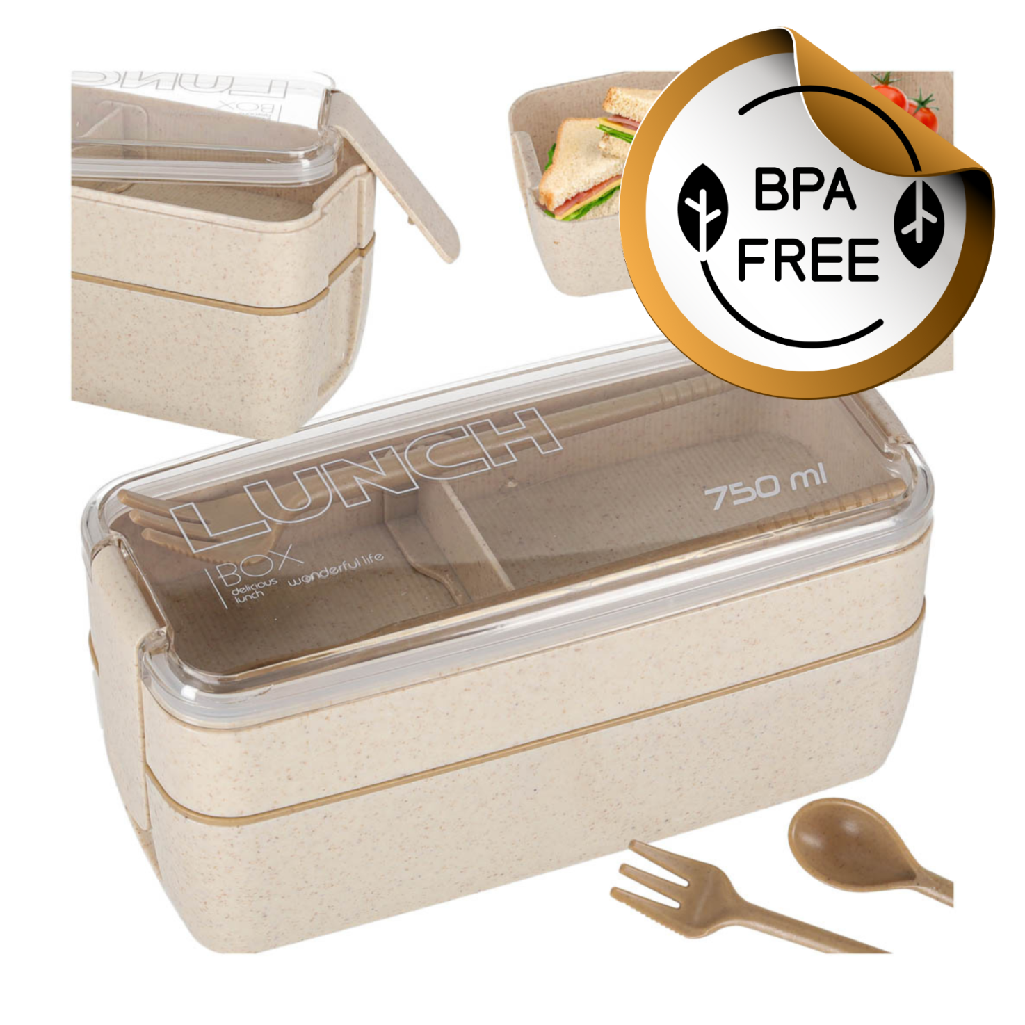 Na obrazie widoczny jest beżowy lunchbox z przezroczystą pokrywką, napisem \'LUNCH BOX\' i pojemnością \'750 ml\'. Obok znajduje się naklejka \'BPA FREE\' oraz sztućce w postaci widelca i łyżki.